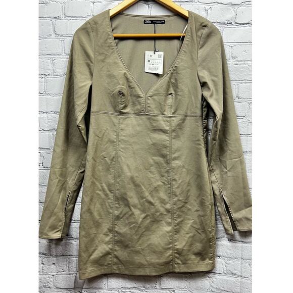 Zara Womens Sweetheart Neckline A-Line Mini Dress Size M Long Sleeve With Slit - Picture 4 of 10